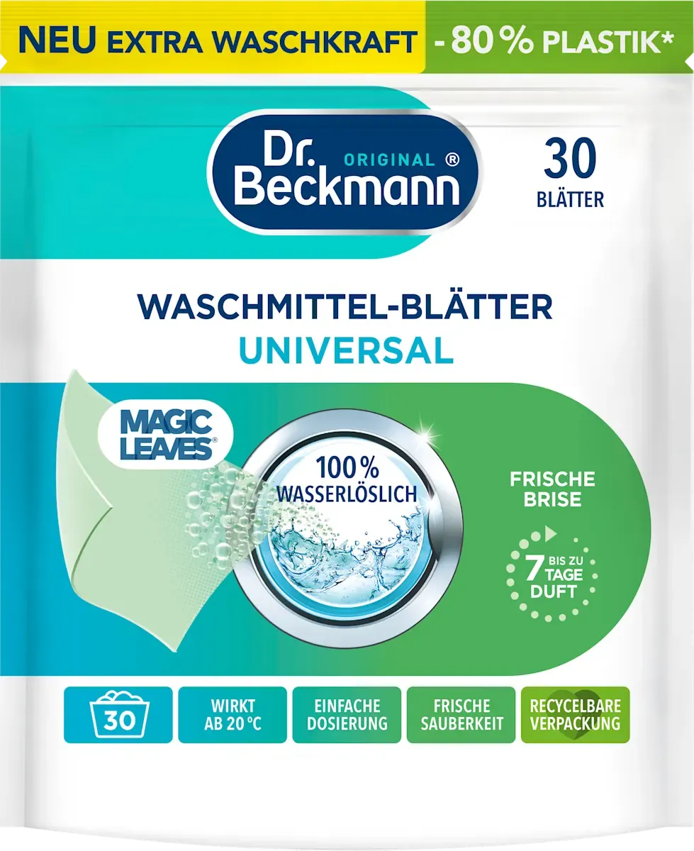 imgi_3_dr-beckmann-waschmittel-blaetter-vollwaschmittel-universal Листи для прання Dr. Beckmann Magic Leaves Universal Fresh Breeze, 30 шт - Зображення 1