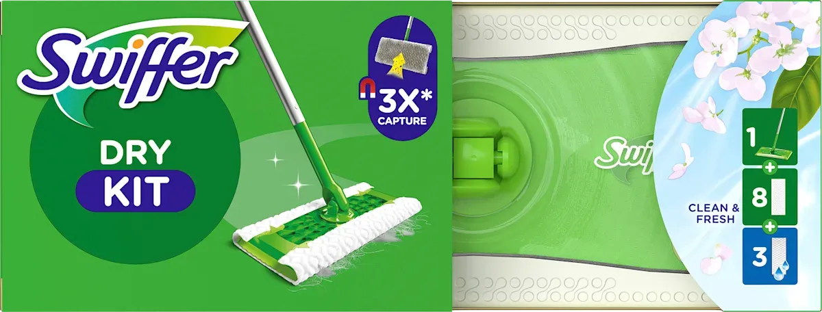 imgi_3_swiffer-bodenwischset-wet-und-dry-kit Швабра Swiffer Dry Starter Set + 3 вологих серветки з жасміном та 8 сухих, зелена - Зображення 1