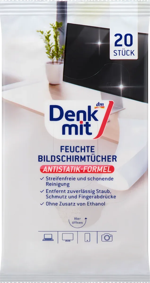 imgi_5_denkmit-feuchte-reinigungstuecher-fuer-bildschirm Вологі серветки для екранів телевізора, ноутбука, Denkmit, 20 шт - Зображення 1