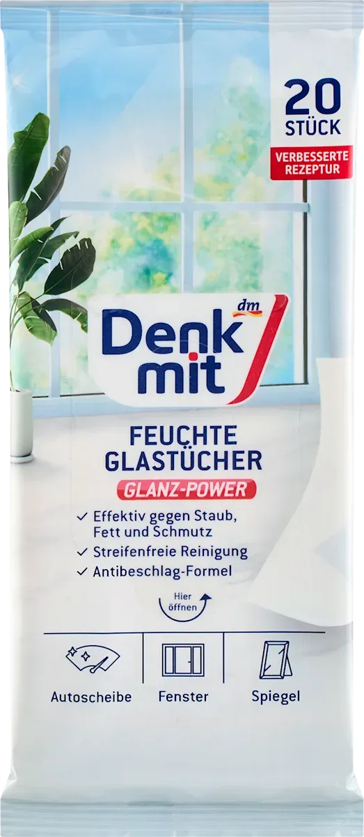 imgi_5_denkmit-feuchte-reinigungstuecher-fuer-glas Серветки для скла, вікон та дзеркал Denkmit, 20 шт - Зображення 1