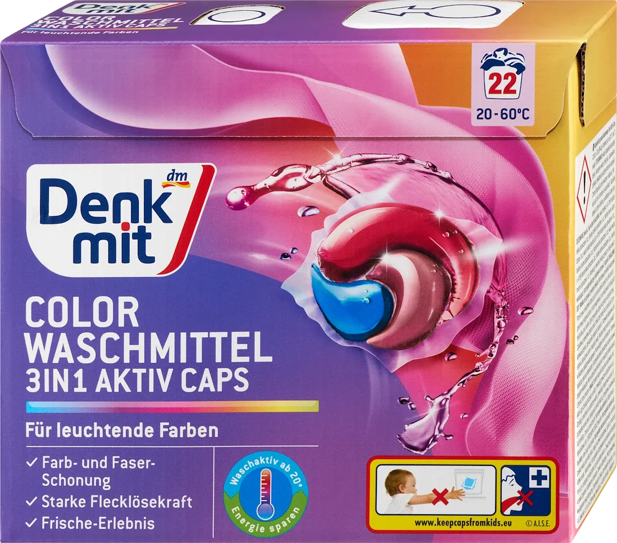 imgi_6_denkmit-colorwaschmittel-3in1-aktiv-caps Капсули для прання кольорових речей, Denk Mit 3 in 1 Cups, 22 шт (упаковка) - Зображення 1